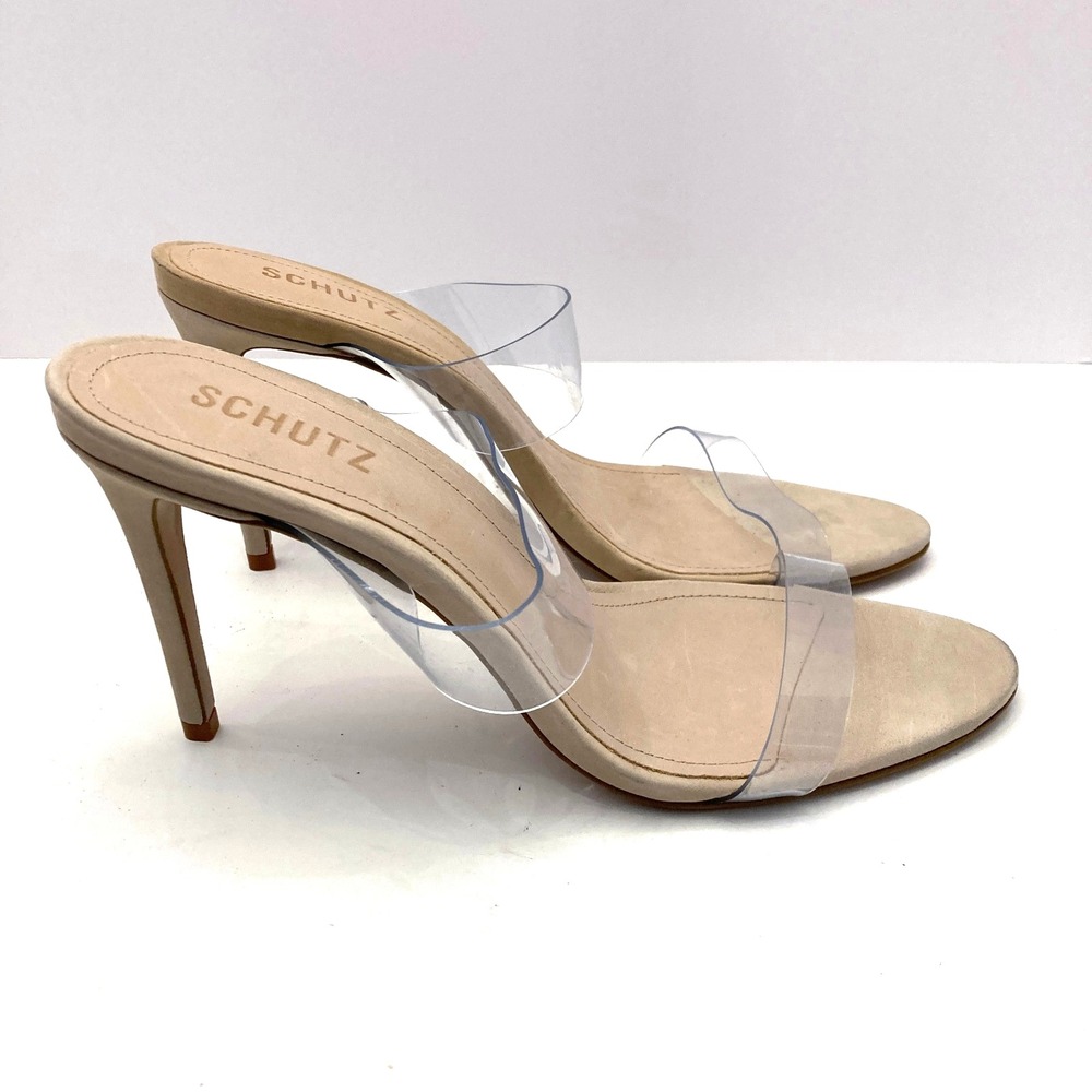 Schutz Ariella Suede Sandals Slides Beige Translucent Straps Stiletto Womens 10